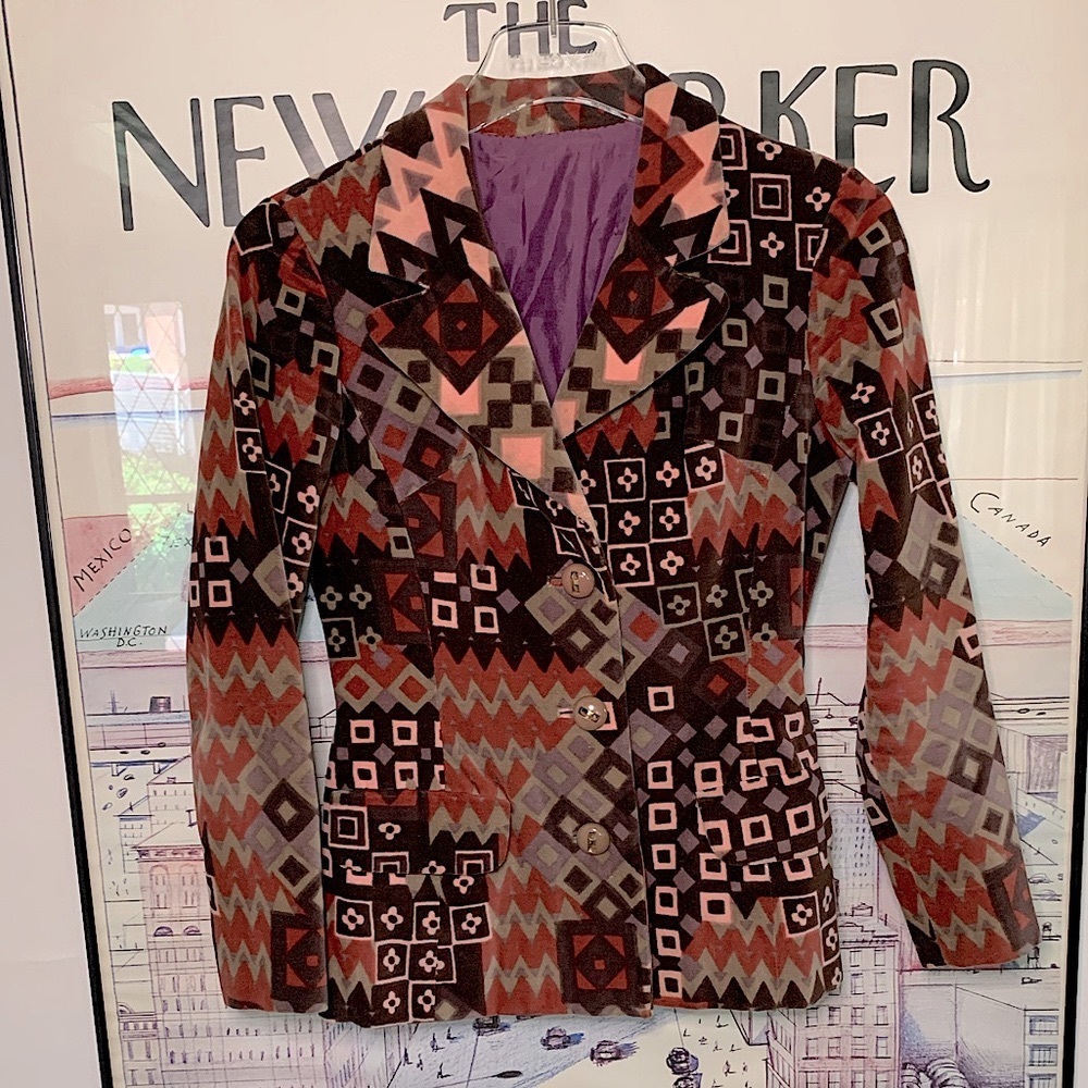 Vintage velvet blazer in rust, khaki,pink and taupe geometric design size S